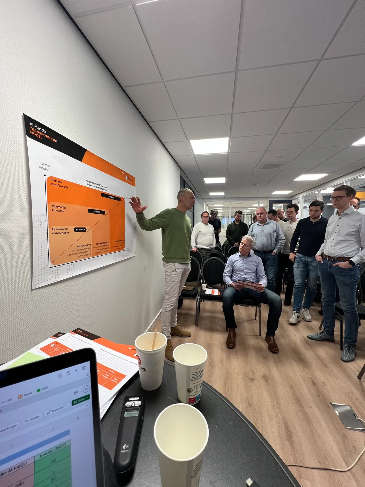 Workshop bij Valk Welding: een trainer van AI Panda licht de inventarisatie van use cases toe aan een groep medewerkers